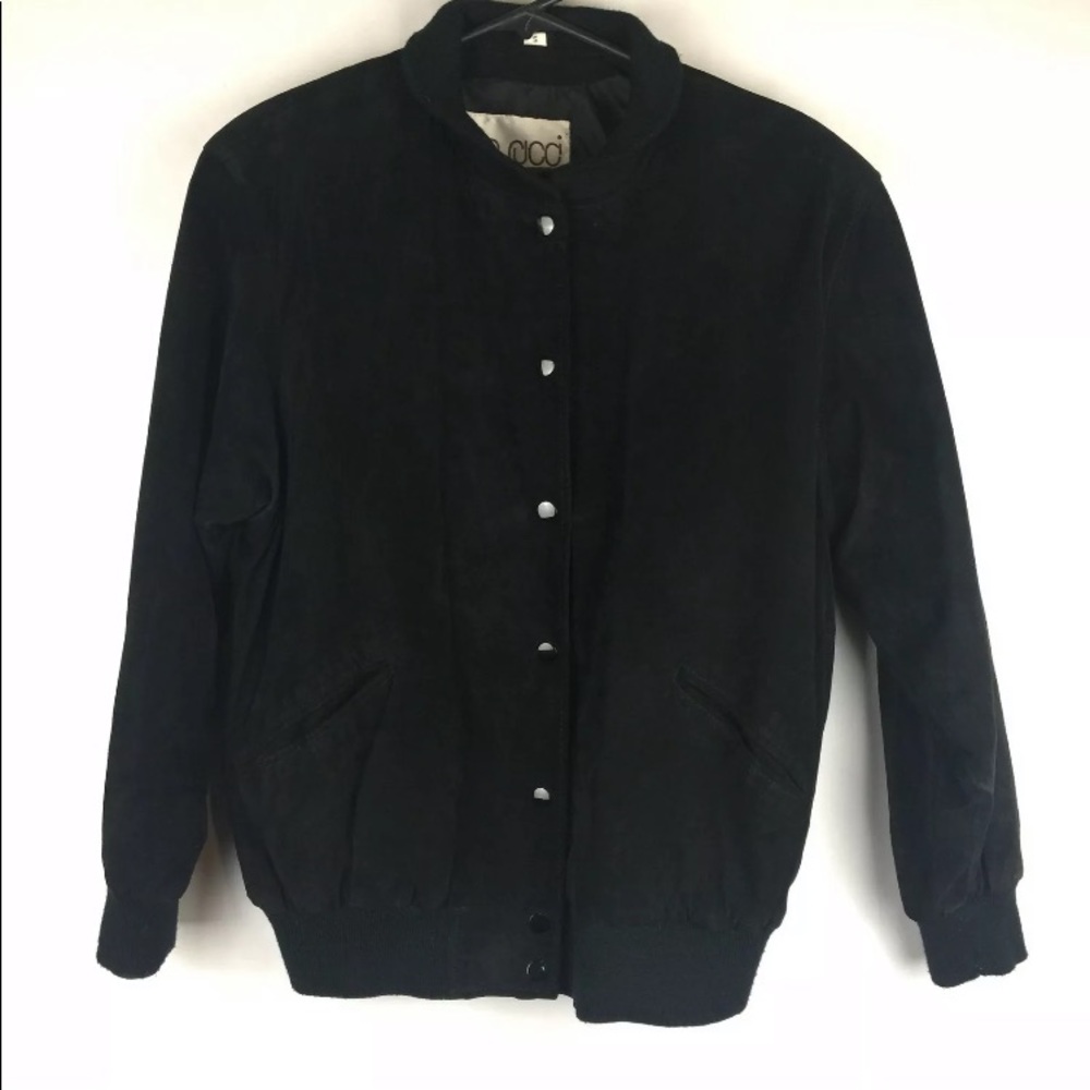 Pia Rucci Vintage Black Suede Bomber Jacket Womens Small Snap Front Leather Coat